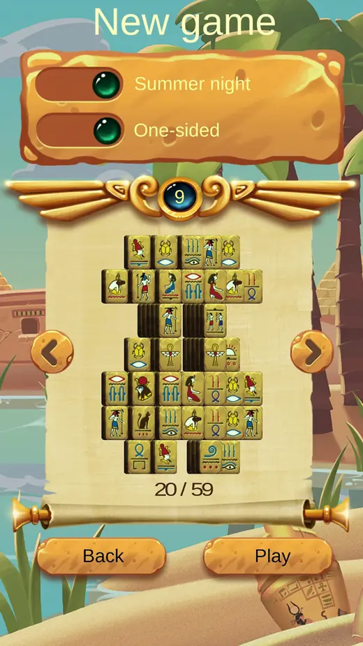 Menu de novo jogo com pré-visualização da pirâmide e contador 20 / 59