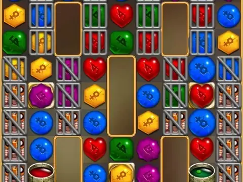 Tabuleiro de match-3 com peças coloridas presas atrás de grelhas em Jewel Ancient Island